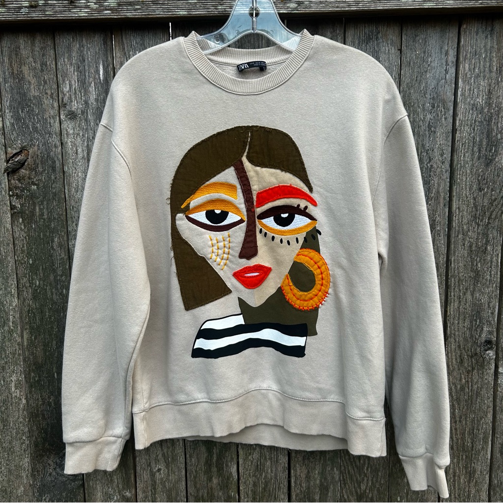 Zara Cream Ribbed Collar Sweatshirt Size S